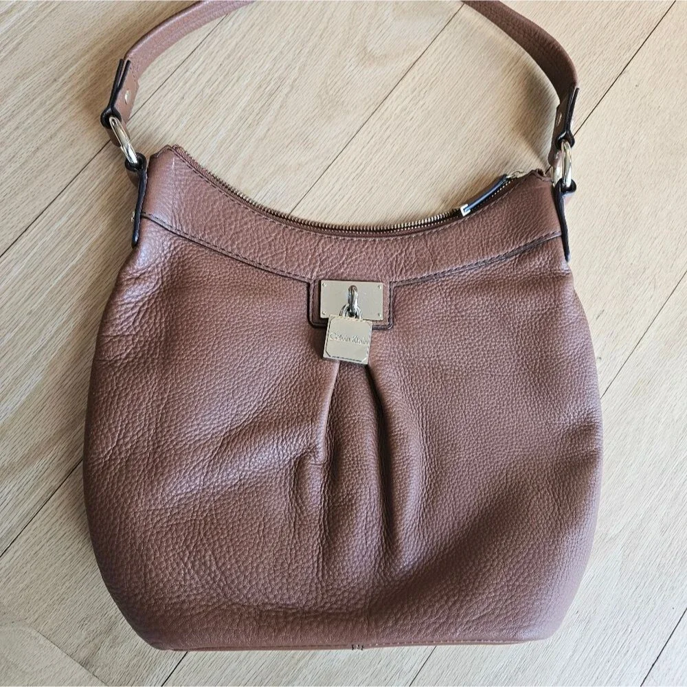 Calvin Klein‎ Brown Pebbled Leather Padlock Hobo Small Shoulder Tote Bag